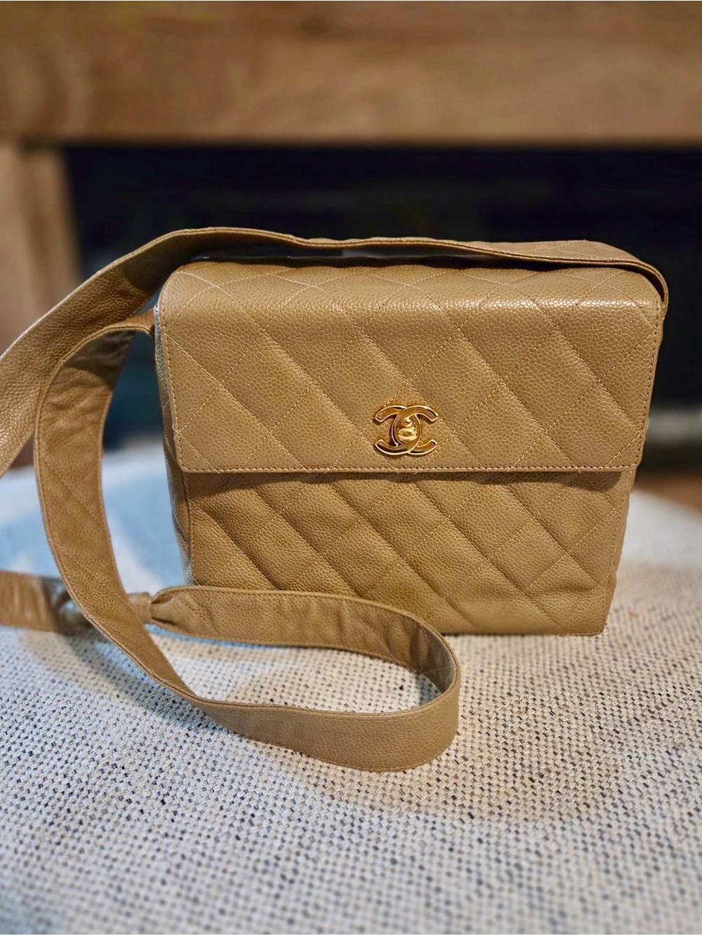 Rare Chanel sand beige caviar leather straight flap shoulder bag 24k gold
